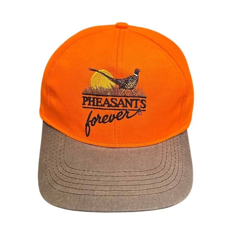 Vtg Pheasants Forever Outdoor Cap Hunting Hat Adjustable Orange Brown Made in US